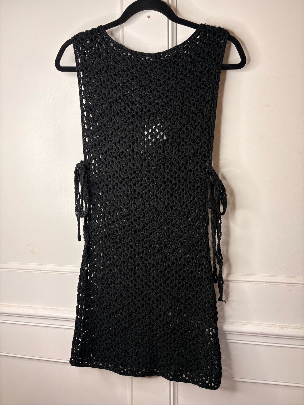 White Fox Boutique Black Crochet Tie-Side Mini dress.